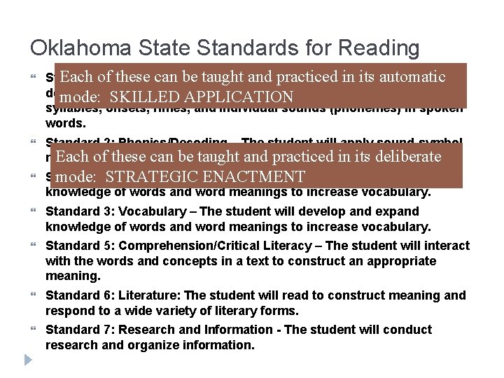 Oklahoma State Standards for Reading Each of 1: these can be taught and. Awareness
