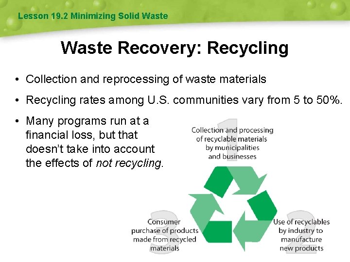 Lesson 19. 2 Minimizing Solid Waste Recovery: Recycling • Collection and reprocessing of waste