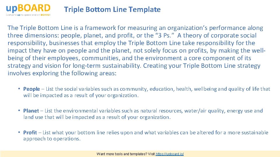 Triple Bottom Line Template The Triple Bottom Line is a framework for measuring an