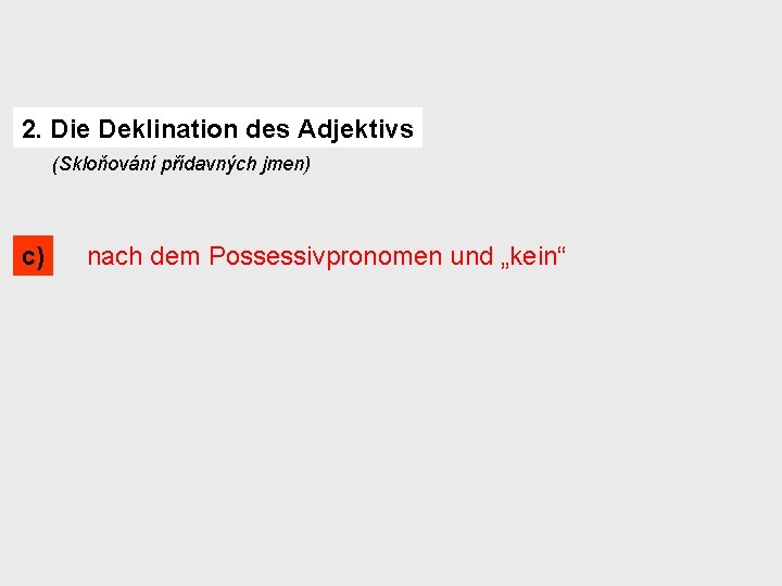 2. Die Deklination des Adjektivs (Skloňování přídavných jmen) c) nach dem Possessivpronomen und „kein“