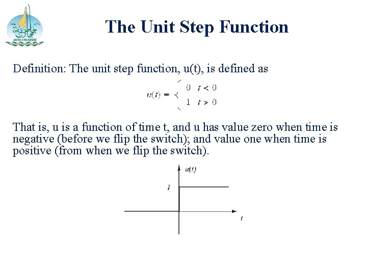 The Unit Step Function Definition: The unit step function, u(t), is defined as That