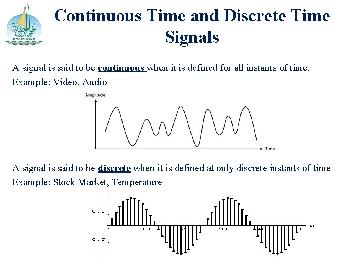 Continuous Time and Discrete Time Signals A signal is said to be continuous when