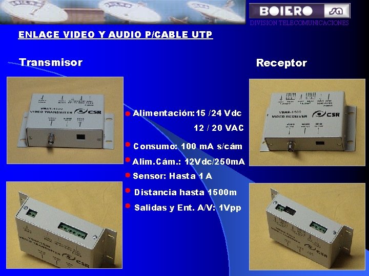 DIVISION TELECOMUNICACIONES ENLACE VIDEO Y AUDIO P/CABLE UTP Transmisor Receptor Alimentación: 15 /24 Vdc