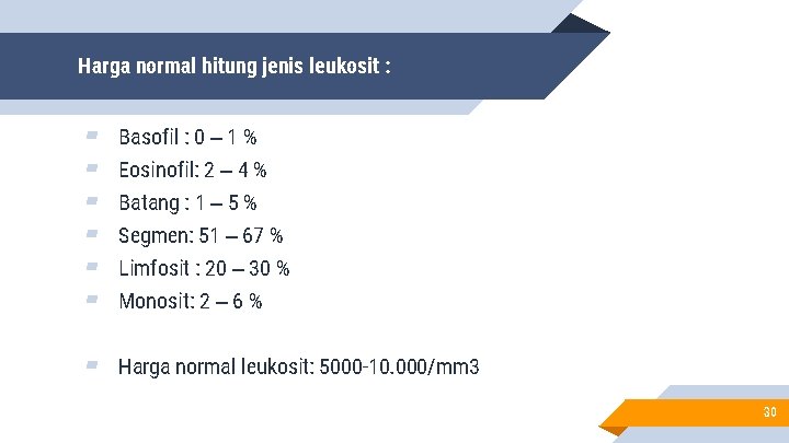 Harga normal hitung jenis leukosit : ▰ ▰ ▰ Basofil : 0 – 1