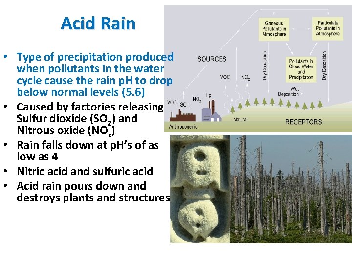 Acid Rain • Type of precipitation produced when pollutants in the water cycle cause