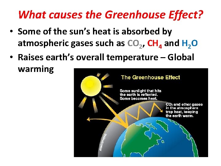 What causes the Greenhouse Effect? • Some of the sun’s heat is absorbed by