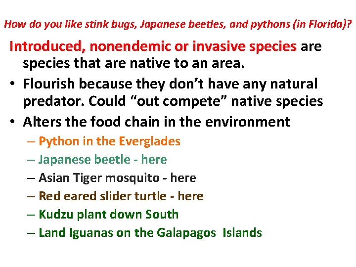 How do you like stink bugs, Japanese beetles, and pythons (in Florida)? Introduced, nonendemic