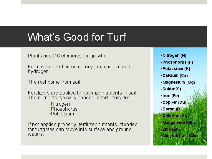What’s Good for Turf Plants need 16 elements for growth: From water and air