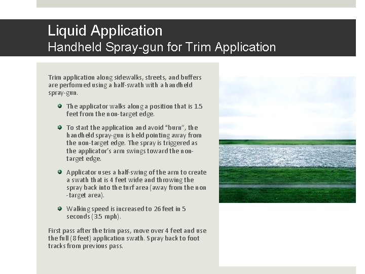 Liquid Application Handheld Spray-gun for Trim Application Trim application along sidewalks, streets, and buffers