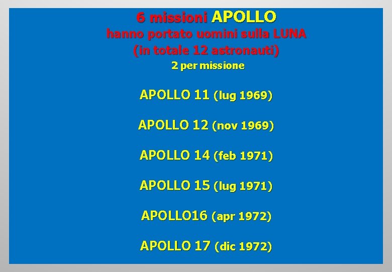 6 missioni APOLLO hanno portato uomini sulla LUNA (in totale 12 astronauti) 2 per