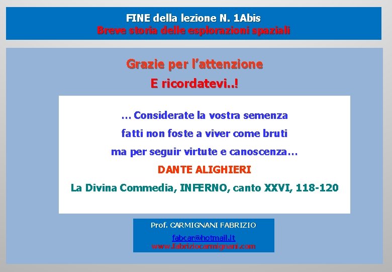 FINE della lezione N. 1 Abis Breve storia delle esplorazioni spaziali Grazie per l’attenzione