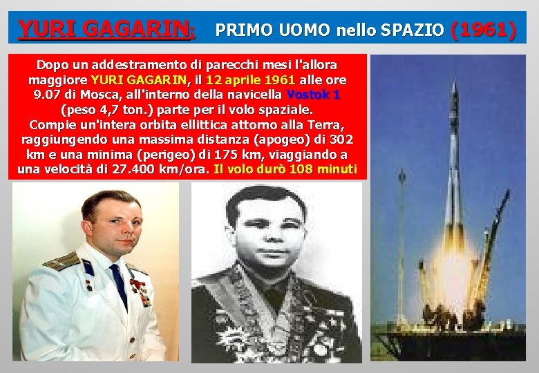 YURI GAGARIN: PRIMO UOMO nello SPAZIO (1961) Dopo un addestramento di parecchi mesi l'allora