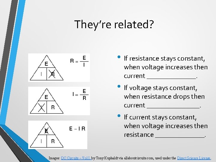 They’re related? • If resistance stays constant, when voltage increases then current _______. •