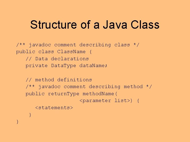 Structure of a Java Class /** javadoc comment describing class */ public class Class.