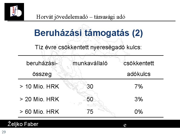 Horvát jövedelemadó – társasági adó Beruházási támogatás (2) Tíz évre csökkentett nyereségadó kulcs: beruházási- Horvát jövedelemadó – társasági adó Beruházási támogatás (2) Tíz évre csökkentett nyereségadó kulcs: beruházási-