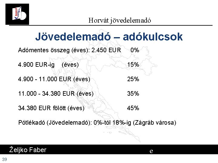 Horvát jövedelemadó Jövedelemadó – adókulcsok Adómentes összeg (éves): 2. 450 EUR 4. 900 EUR-ig Horvát jövedelemadó Jövedelemadó – adókulcsok Adómentes összeg (éves): 2. 450 EUR 4. 900 EUR-ig