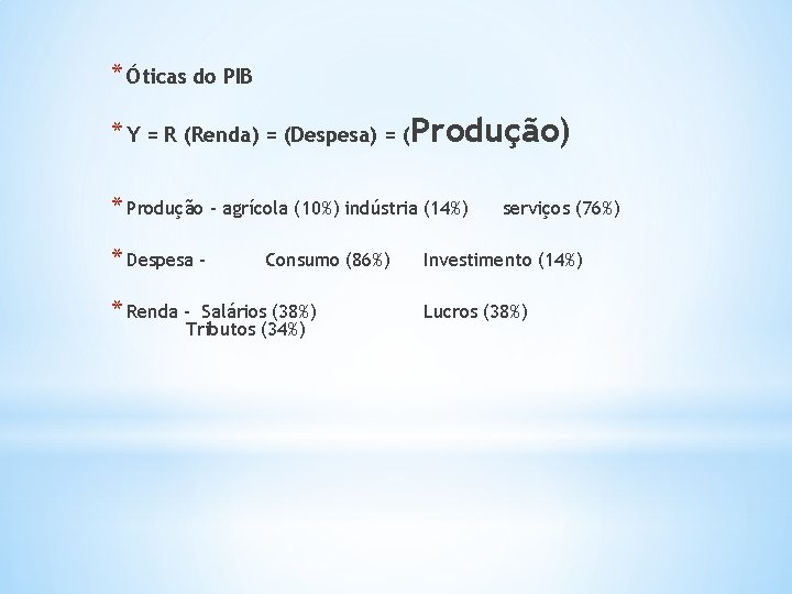 * Óticas do PIB * Y = R (Renda) = (Despesa) = (Produção) *