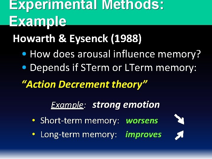 Experimental Methods: Example Howarth & Eysenck (1988) • How does arousal influence memory? •