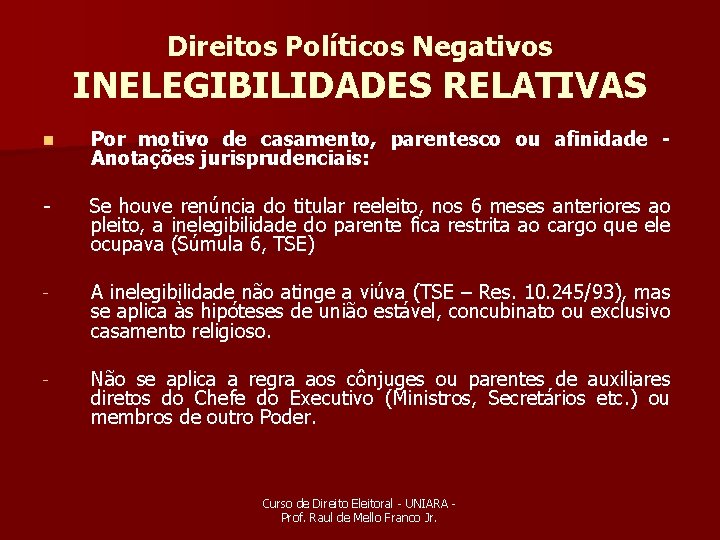 Direitos Políticos Negativos INELEGIBILIDADES RELATIVAS n Por motivo de casamento, parentesco ou afinidade Anotações