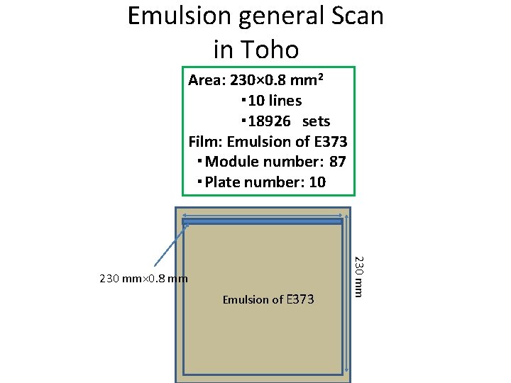 Emulsion general Scan in Toho Area: 230× 0. 8 mm 2 ・ 10 lines