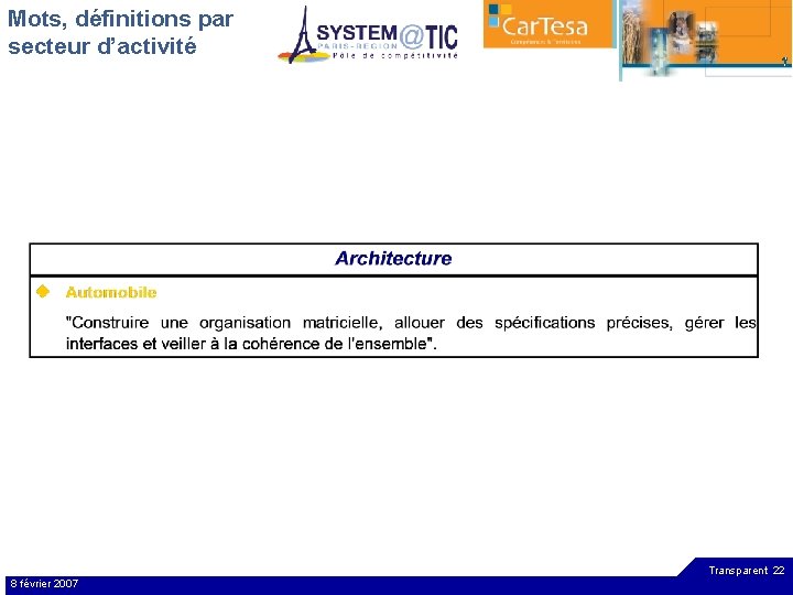 Mots, définitions par secteur d’activité Transparent 22 8 février 2007 