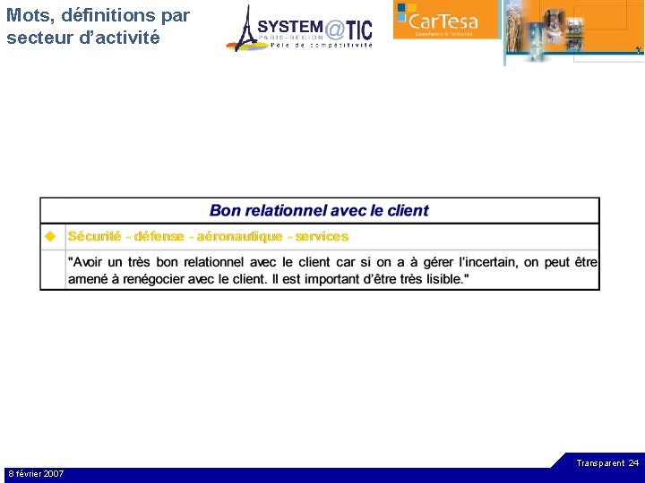 Mots, définitions par secteur d’activité Transparent 24 8 février 2007 