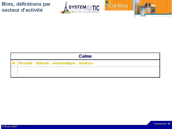 Mots, définitions par secteur d’activité Transparent 26 8 février 2007 