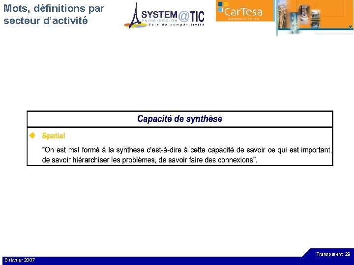 Mots, définitions par secteur d’activité Transparent 29 8 février 2007 