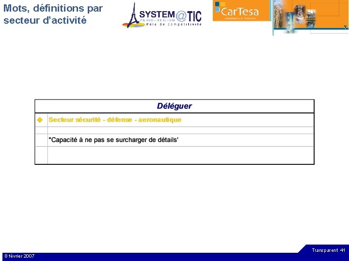 Mots, définitions par secteur d’activité Transparent 41 8 février 2007 