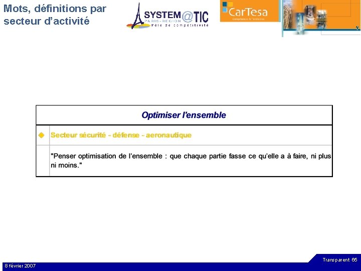 Mots, définitions par secteur d’activité Transparent 65 8 février 2007 