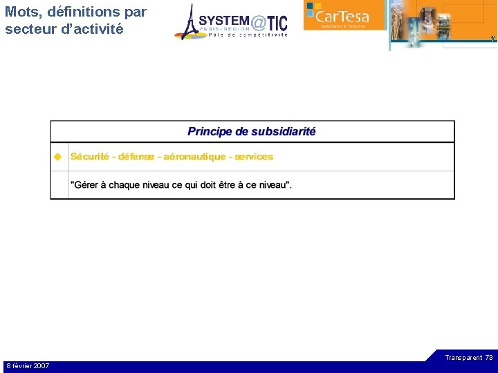 Mots, définitions par secteur d’activité Transparent 73 8 février 2007 