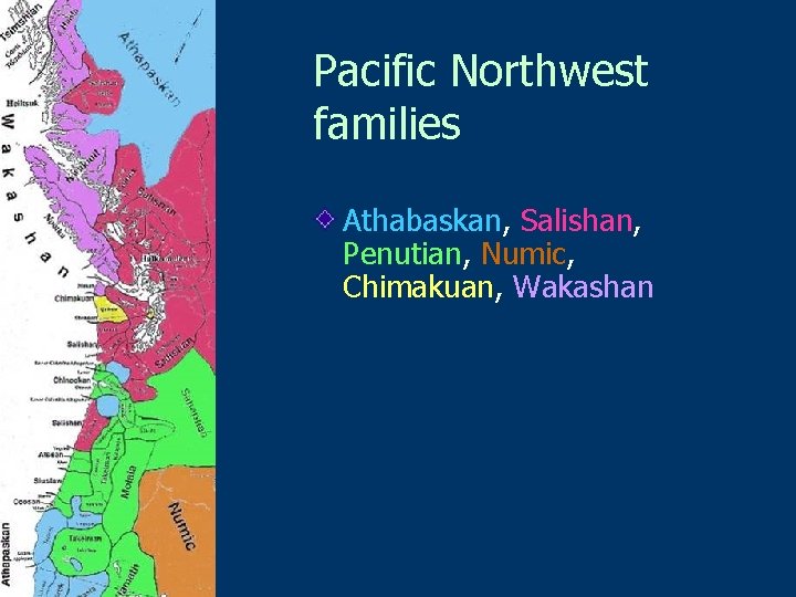 Pacific Northwest families Athabaskan, Salishan, Penutian, Numic, Chimakuan, Wakashan 