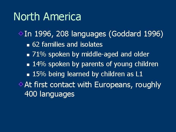 North America In 1996, 208 languages (Goddard 1996) n n 62 families and isolates