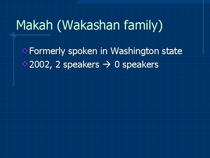 Makah (Wakashan family) Formerly spoken in Washington state 2002, 2 speakers 0 speakers 