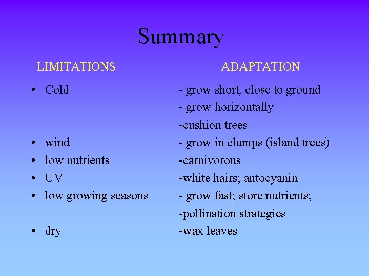 Summary LIMITATIONS • Cold • • wind low nutrients UV low growing seasons •