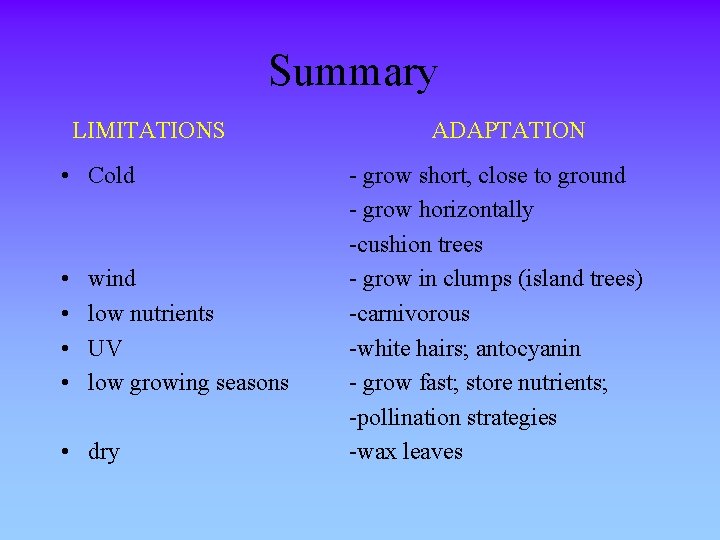 Summary LIMITATIONS • Cold • • wind low nutrients UV low growing seasons •