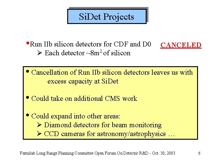 Si. Det Projects • Run IIb silicon detectors for CDF and D 0 Ø
