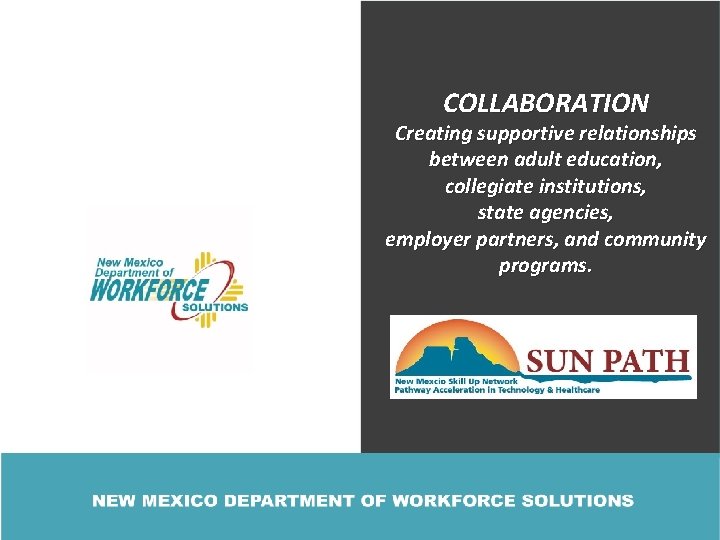 COLLABORATION Creating supportive relationships between adult education, collegiate institutions, state agencies, employer partners, and