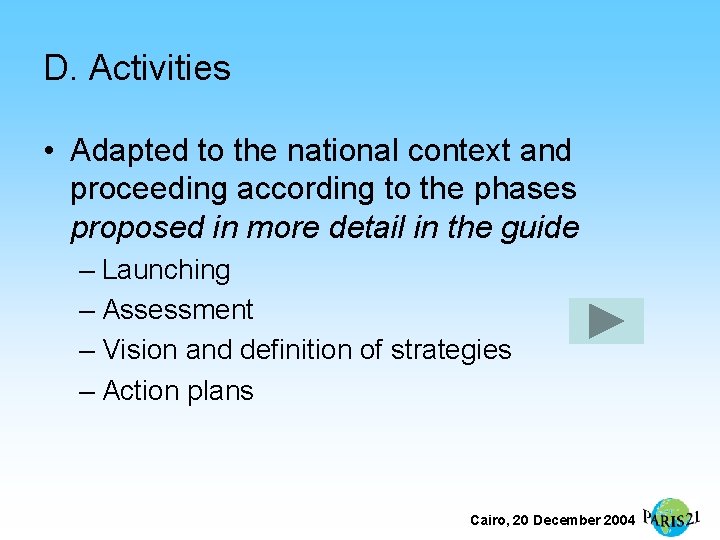 D. Activities • Adapted to the national context and proceeding according to the phases