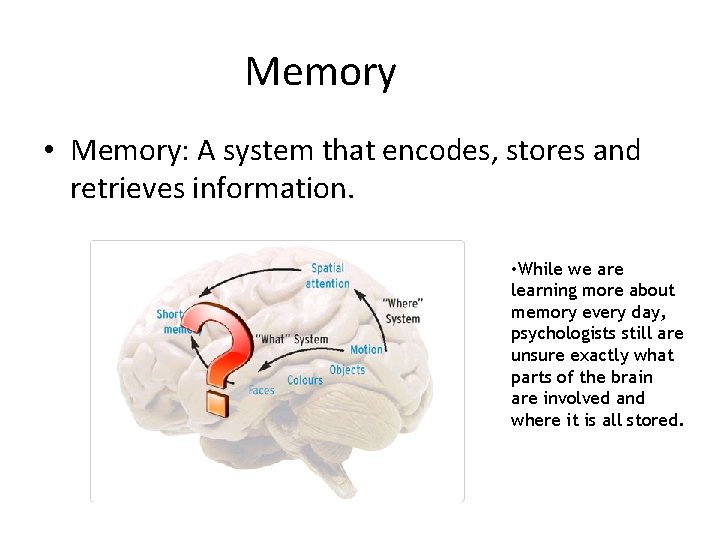 Memory • Memory: A system that encodes, stores and retrieves information. • While we