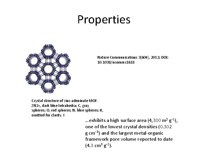 Properties Nature Communications 3(604), 2012; DOI: 10. 1038/ncomms 1618 Crystal structure of zinc-adeninate MOF.