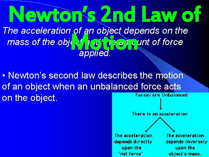 Newton’s 2 nd Law of Motion The acceleration of an object depends on the