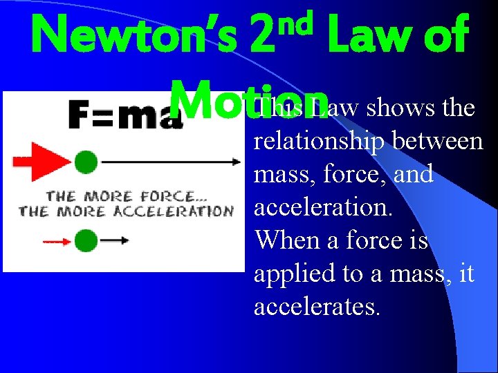 nd 2 Newton’s Law of This Law shows the Motion relationship between mass, force,