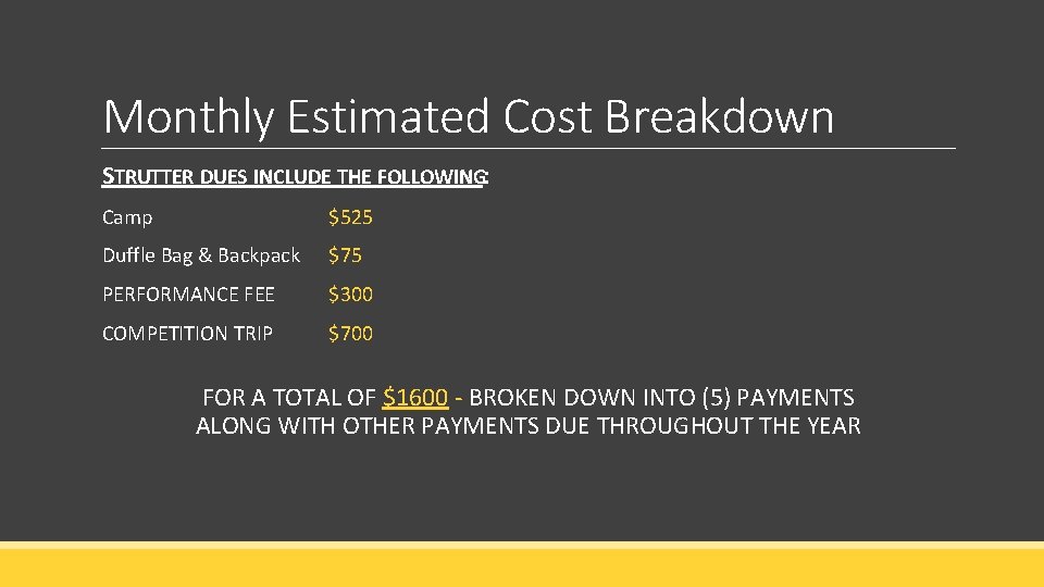 Monthly Estimated Cost Breakdown STRUTTER DUES INCLUDE THE FOLLOWING: Camp $525 Duffle Bag & Monthly Estimated Cost Breakdown STRUTTER DUES INCLUDE THE FOLLOWING: Camp $525 Duffle Bag &