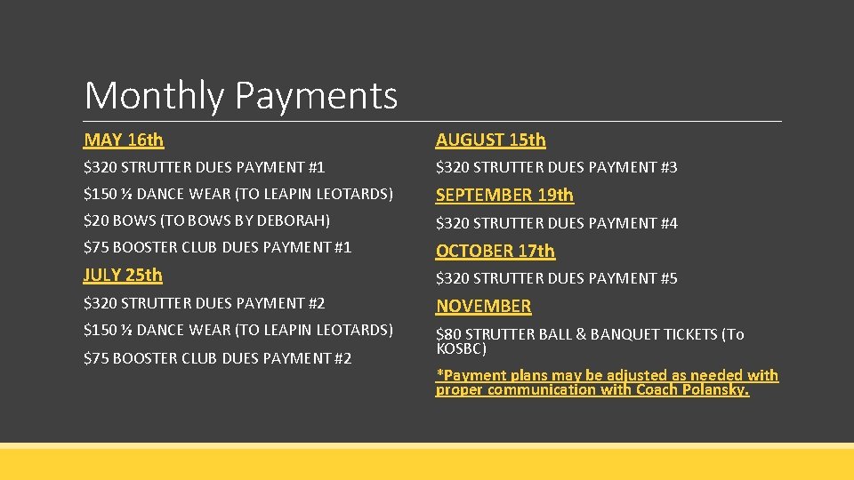 Monthly Payments MAY 16 th AUGUST 15 th $320 STRUTTER DUES PAYMENT #1 $320 Monthly Payments MAY 16 th AUGUST 15 th $320 STRUTTER DUES PAYMENT #1 $320