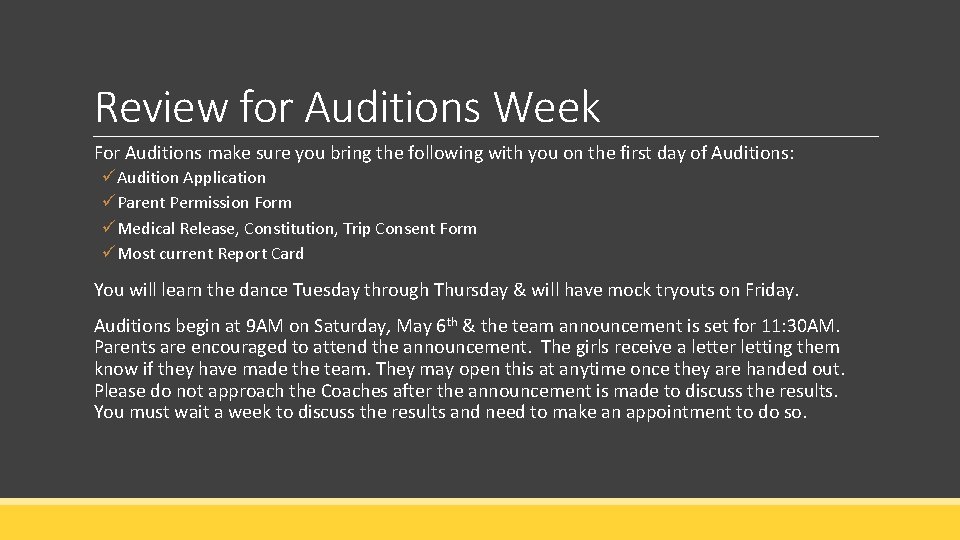 Review for Auditions Week For Auditions make sure you bring the following with you Review for Auditions Week For Auditions make sure you bring the following with you