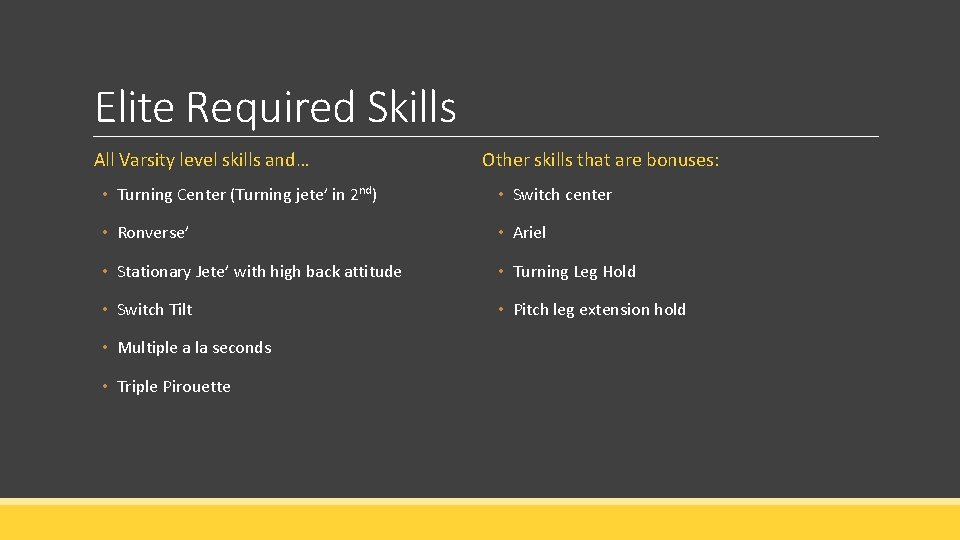 Elite Required Skills All Varsity level skills and… Other skills that are bonuses: • Elite Required Skills All Varsity level skills and… Other skills that are bonuses: •
