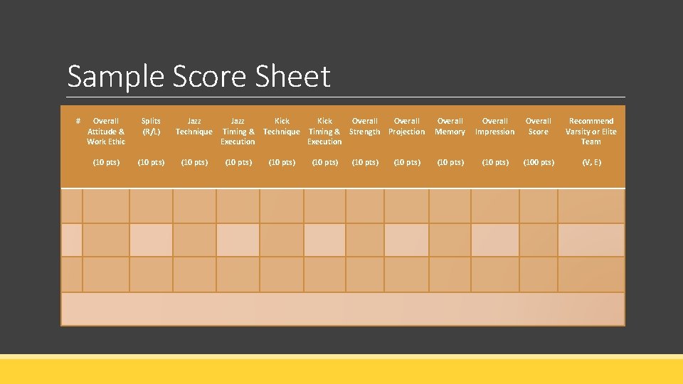 Sample Score Sheet # Overall Attitude & Work Ethic Splits (R/L) Jazz Technique (10 Sample Score Sheet # Overall Attitude & Work Ethic Splits (R/L) Jazz Technique (10
