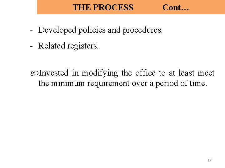 THE PROCESS Cont… - Developed policies and procedures. - Related registers. Invested in modifying