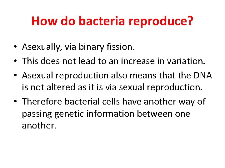 How do bacteria reproduce? • Asexually, via binary fission. • This does not lead